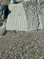 EW, Erica (now partially obscured by concrete). Chicago lakefront stone carvings, between 45th Street and Hyde Park Blvd. 2023