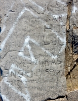 Autograph rock: LEN, RAK, HOC, LOL, FRA, KAS, SPIK, Gene 1958. Chicago lakefront stone carvings, between 45th Street and Hyde Park Blvd. 2018