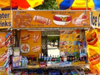 Pretzel,  egg roll, half smoke and pizza,  Street Food Vendor sign art, National Mall, Washington D.C.