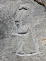 Enigmatic figure, Easter Island style, detail. Chicago lakefront stone carvings at Fullerton. 2018