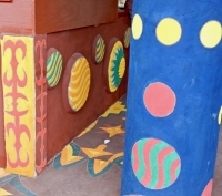 Decorated floor and walls under the Well House St. Eom's Pasaquan, 2016