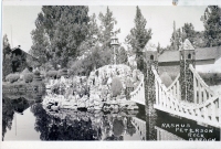 Pond and bridge at Peterson's Rock Garden, between Bend and Redmond, Oregon, postcard