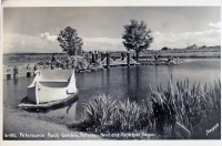 Pond and bridge at Peterson's Rock Garden, between Bend and Redmond, Oregon, postcard