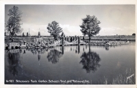 Pond and bridge at Peterson's Rock Garden, between Bend and Redmond, Oregon, postcard