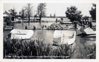 Pond and bridge at Peterson's Rock Garden, between Bend and Redmond, Oregon, postcard