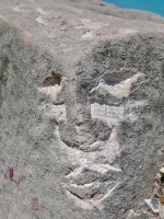 Corner face. Made at the June 20, 2026, carving workshop, probably by Joel Cardenas. Chicago lakefront stone carvings, Promontory Point. 2026