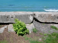 Four faces and an eyeball. Chicago lakefront stone carvings, Promontory Point. 2026