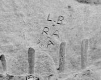 '75, L.B. + RA + A, detail. Chicago lakefront stone carvings, Promontory Point. 2018
