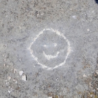 A simple smiley face carving contributed by a member of the public at the May 28 carving demo. Level 5. Chicago lakefront stone carvings, Promontory Point. 2022