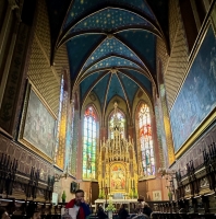 The Church of St. Francis of Assisi, Krakow, with late 19-century wall decorations by the artist Stanisław Wyspiański -- unique motifs for an old church. He also designed the modern stained glass. The Church of St. Francis of Assisi, Krakow, with late 19-century wall decorations by the artist Stanisław Wyspiański -- unique motifs for an old church. He also designed the modern stained glass.