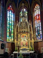 The Church of St. Francis of Assisi, Krakow, with late 19-century wall decorations by the artist Stanisław Wyspiański -- unique motifs for an old church. He also designed the modern stained glass.