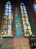 The Church of St. Francis of Assisi, Krakow, with late 19-century wall decorations by the artist Stanisław Wyspiański -- unique motifs for an old church. He also designed the modern stained glass. The Church of St. Francis of Assisi, Krakow, with late 19-century wall decorations by the artist Stanisław Wyspiański -- unique motifs for an old church. He also designed the modern stained glass.