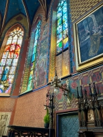 The Church of St. Francis of Assisi, Krakow, with late 19-century wall decorations by the artist Stanisław Wyspiański -- unique motifs for an old church. He also designed the modern stained glass.