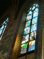 The Church of St. Francis of Assisi, Krakow, with late 19-century wall decorations by the artist Stanisław Wyspiański -- unique motifs for an old church. He also designed the modern stained glass.