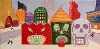 Stephen Powers painting of buildings with fantasy face facades, Washington, 1993