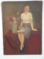 Shelly Humphrey oil painting, sitting woman , found in Yakima, Washington