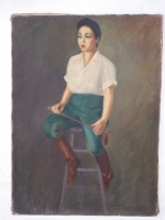 Shelly Humphrey oil painting, woman with riding crop seated on stool , found in Yakima, Washington