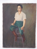 Shelly Humphrey oil painting, woman with riding crop seated on stool , found in Yakima, Washington Shelly Humphrey oil painting, woman with riding crop seated on stool , found in Yakima, Washington
