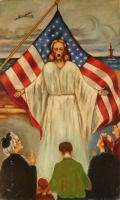 Jesus with American flag, ship and airlplane behind him. Anonymous, found in Midlothian, Illinois, 1953 Jesus with American flag, ship and airlplane behind him. Anonymous, found in Midlothian, Illinois, 1953