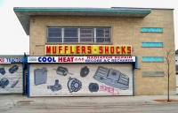 Fine automotive art on a classic Chicago mid-century building. Cool Heat, 47th Street near Aberdeen-Roadside Art