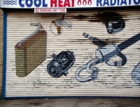 Hand-painted auto parts at Cool Heat, 47th Street near Aberdeen, Chicago-Roadside Art