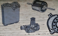 Hand-painted auto parts at Cool Heat, 47th Street near Aberdeen, Chicago-Roadside Art