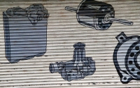 Hand-painted auto parts at Cool Heat, 47th Street near Aberdeen, Chicago-Roadside Art Hand-painted auto parts at Cool Heat, 47th Street near Aberdeen, Chicago-Roadside Art