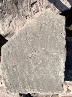 Autograph rock: Karole, Laurie Evett, S, Will, 24, HI, J, V, M, BB, LD, others. Chicago Lakefront stone carvings, south of La Rabida Hospital. 2025