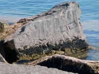 Lefty, RO, others. Chicago lakefront stone carvings, south of La Rabida Hospital. 2023 Lefty, RO, others. Chicago lakefront stone carvings, south of La Rabida Hospital. 2023
