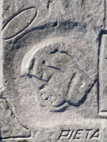 Profile with halo, Pieta, from 12-panel carving. Chicago Lakefront stone carvings, south of La Rabida Hospital. 2025 Profile with halo, Pieta, from 12-panel carving. Chicago Lakefront stone carvings, south of La Rabida Hospital. 2025