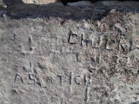 Autograph rock detail: J, JO, Chuck W, J, A S(?)rtich, SK, DM, Daly, 47, SHE, EJ. Chicago Lakefront stone carvings, south of La Rabida Hospital. 2025 Autograph rock detail: J, JO, Chuck W, J, A S(?)rtich, SK, DM, Daly, 47, SHE, EJ. Chicago Lakefront stone carvings, south of La Rabida Hospital. 2025