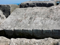 EF..., H, J, ROF. Chicago lakefront stone carvings, Rainbow Beach jetty. 2022