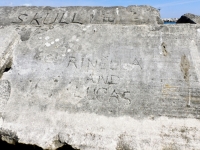 Rinella and Lucas, Skull. Chicago lakefront stone carvings, Rainbow Beach jetty. 2022