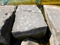 BW. Chicago lakefront stone carvings, Rainbow Beach jetty. 2022