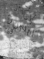 Jack Dunn "63", Bob + Sharon "4-18-59". Chicago lakefront stone carvings, Rainbow Beach North. 2019