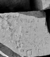 Autograph rock, detail: Fitz, D.D., Frank, JD, Doc, Ross, others. Chicago lakefront stone carvings, Rainbow Beach North. 2019