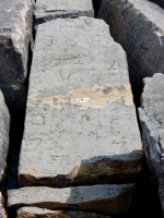 Autograph rock: '55, Sandra, John + Sue, Sharon, BAH, Fitz, Frank, S.D., Joe, SHN + D.D., others. Chicago lakefront stone carvings, Rainbow Beach North. 2019