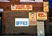 Everybody drives, sort of. Regency Auto Sales automotive art environment, Western Avenue at 75th Street. Photos circa 1990