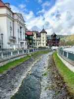 Kryniczanka River in the spa town of Krynica-Zdroj, Poland. The first building was our hotel