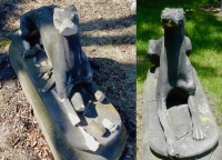 Rosehill grave site dog showing before and after damage: E.H. Stein, 1827-1871 Rosehill grave site dog showing before and after damage: E.H. Stein, 1827-1871