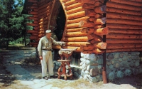 Raymond W. Overholzer at his Shrine of the Pines, Baldwin, Michigan, color postcard