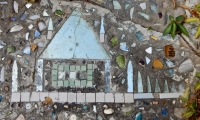 Building sidewalk mosaic, detail, Howard Finster's Paradise Garden, 2016 Building sidewalk mosaic, detail, Howard Finster's Paradise Garden, 2016