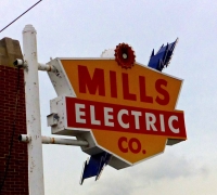 Mills Electric Co. sign, with lightening bolt Mills Electric Co. sign, with lightening bolt
