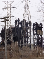 Power pylons in front of Calument River railroad bridges