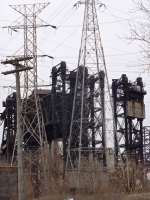 Power pylons in front of Calument River railroad bridges Power pylons in front of Calument River railroad bridges