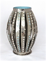 Stanley Szwarc decorated stainless steel vase with blue band
