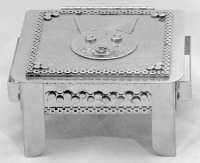 Stanley Szwarc stainless steel face box with cat face and whiskers, front view