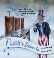 The most extravagent gyros fantasy I've ever seen. Not just Uncle Sam but the triplett gyros spits and the clouds in the background. Nick's Drive In, Harlem Avenue at Touhy