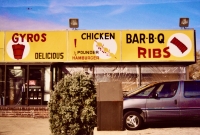 Note the spotlight theme, and the exclamation point. Bub's Gyros, Irving Park Avenue at Menard.