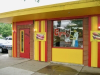 Herm's Hot Dog Palace, Dempster near McCormick, Skokie, Illinois. The window painting is gone as is most of the color